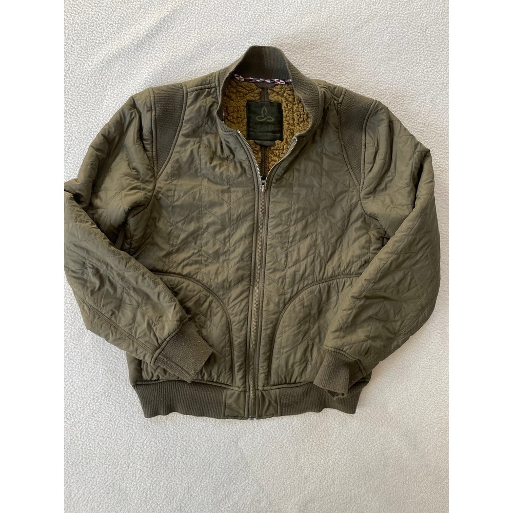 Prana Diva Womens Small Quilted Bomber Jacket Olive Green Sherpa Lined Full Zip